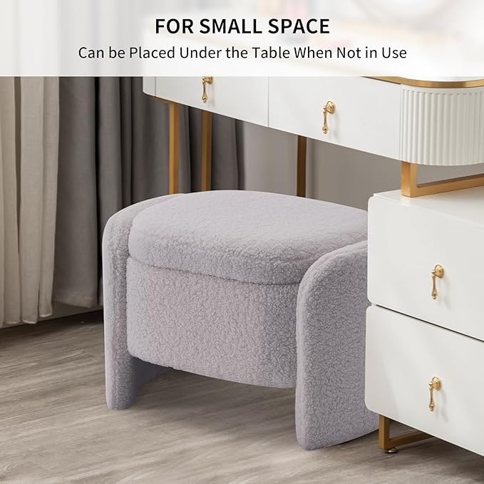 Storage Bench with Lamb Fleece Fabric, Vanity Stool Chair, Upholstered Ottoman with Small Hidden Storage for Bedroom, Living Room, Entryway, No Assembly Required, Grey