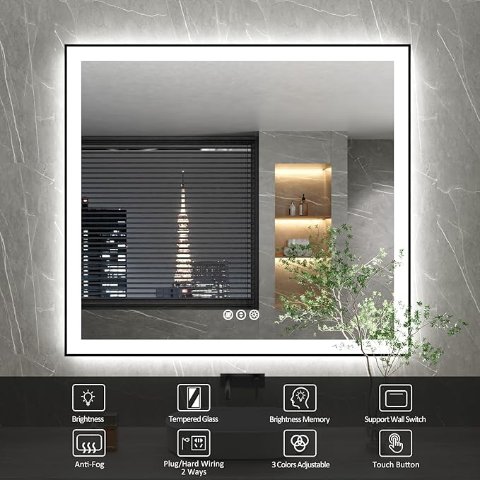 40x36 Inch LED Bathroom Mirror with Black Frame, Backlit and Front Lighted Bathroom Mirrors for Wall, Anti-Fog, Dimmable, Memory, Shatterproof, LED Vanity Mirror for Bathroom