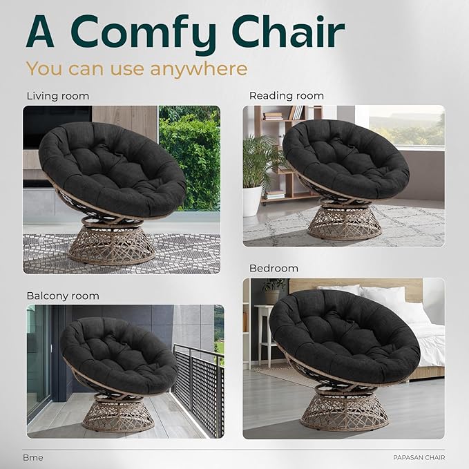 Bme 40" Ergonomic Wicker Papasan Chair with Soft Thick Density Fabric Cushion, High Capacity Steel Frame, 360 Degree Swivel for Living, Bedroom, Reading Room, Lounge, Onyx Stone - Brown Base