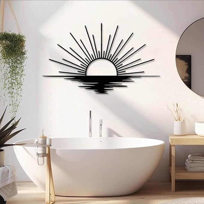 Sunrise Metal Wall Art, Metal Sun Wall Decor, Sun Outdoor Wall Art, Abstract Sunrise Wall Decor, Boho Home Hanging, Living Room Wall Hanging (White, 30"x18"/76x45cm)