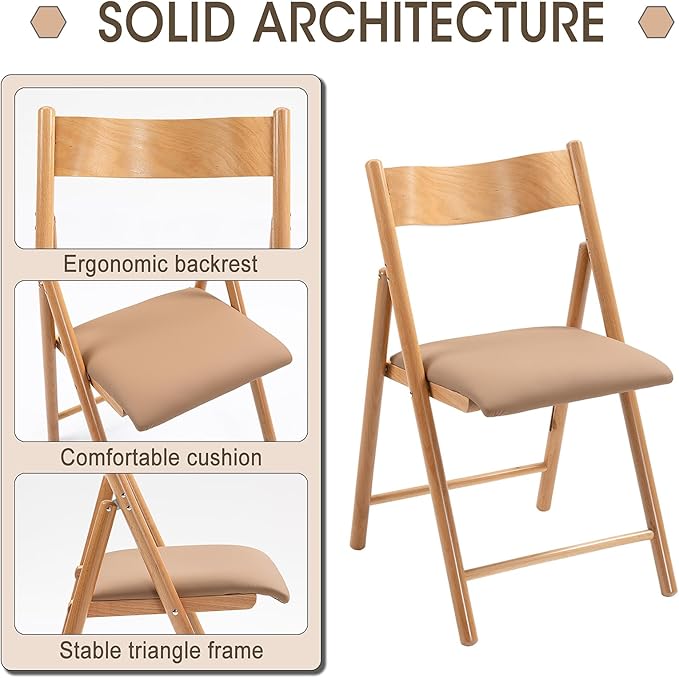 Folding Chairs Set of 2, Wooden Foldable Dining Chairs with Faux Leather Cushion 2-Pack Portable and Stackable Chairs for Dining Kitchen Office Wedding Picnic(Khaki,2Pack)