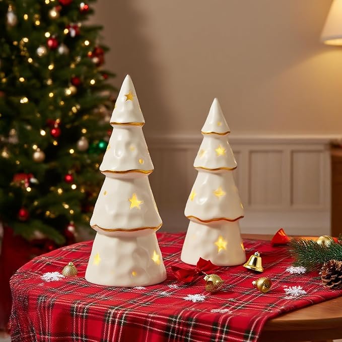 DN DECONATION White Christmas Ceramic Tree with Lights, Prelit Porcelain Tabletop Xmas Trees, 2Pcs Battery-Operated Christmas Tree Figurines for Christmas Mantel Desk Table Centerpieces Decor