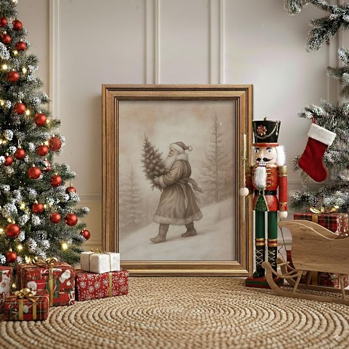 Vintage Christmas Decor Farmhouse Wall Art Gold Framed Rustic Winter Landscape Santa Pictures Painting for Home Living Room Decor (Santa, 20L" x 16W")