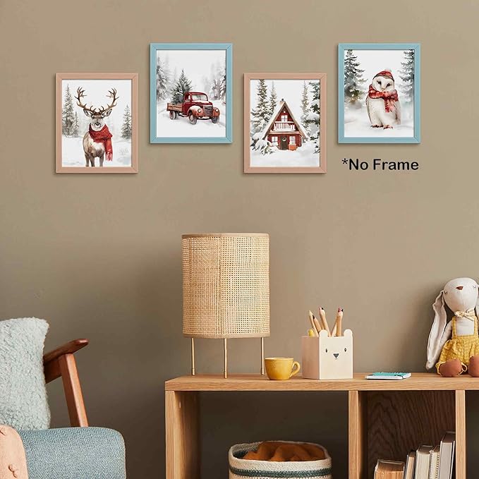 TLESKE Winter Christmas Snowy Woodland Animals Posters Prints Unframed Set of 4, Deer Reindeer Moose Owl with Red Scarf Wall Art Prints Decor for Nursery Bedroom, Christmas Pine Trees Wall Pictures, 8x10 Inches