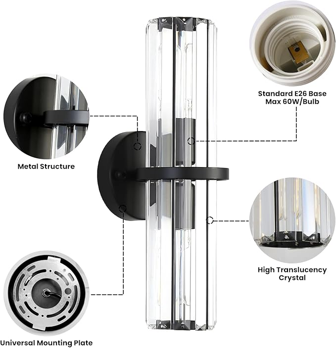 Crystal Wall Sconce Set of Two, 2-Light Black Luxury Indoor Vanity Wall Lamp, 15.7-Inch Upper and lower illuminated Bathroom Light Fixtures, for Living Room, Bedroom, Bathroom, Hallway, Mirror, E26