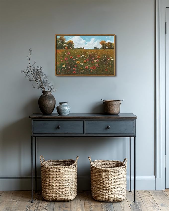 KISSFOX Vintage Landscape Framed Wall Art Autumn Farmhouse Wildflower Field Canvas Art Natural Fall Countryside Paintings Artwork Rustic Art Prints For Bedroom Bathroom Living Room