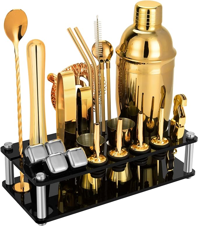 23 Piece Cocktail Shaker Set Bartender Kit with Acrylic Stand & Cocktail Recipes Booklet, Professional Bar Tools for Drink Mixing, Home, Bar, Party (Include 4 Whiskey Stones) - Gold