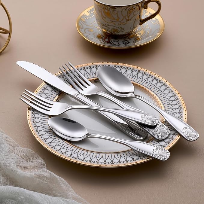 20-Piece Flatware Set, Stainless Steel Silverware Set for 4, Cutlery Set with Shell Pattern, Fork Spoon Knife Set, Dishwasher Safe