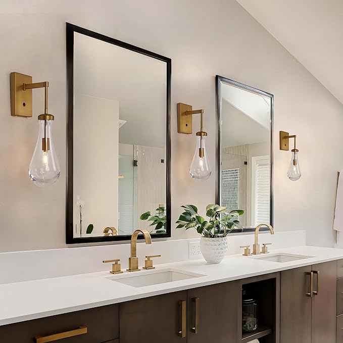 HuisMier Brass Raindrop Wall Sconces, Indoor Wall Sconces with On/Off Switch, Modern Clear Glass Wall Lamp Vanity Light Fixtures for Bathroom Bedroom Living Room Hallway, Hardwired