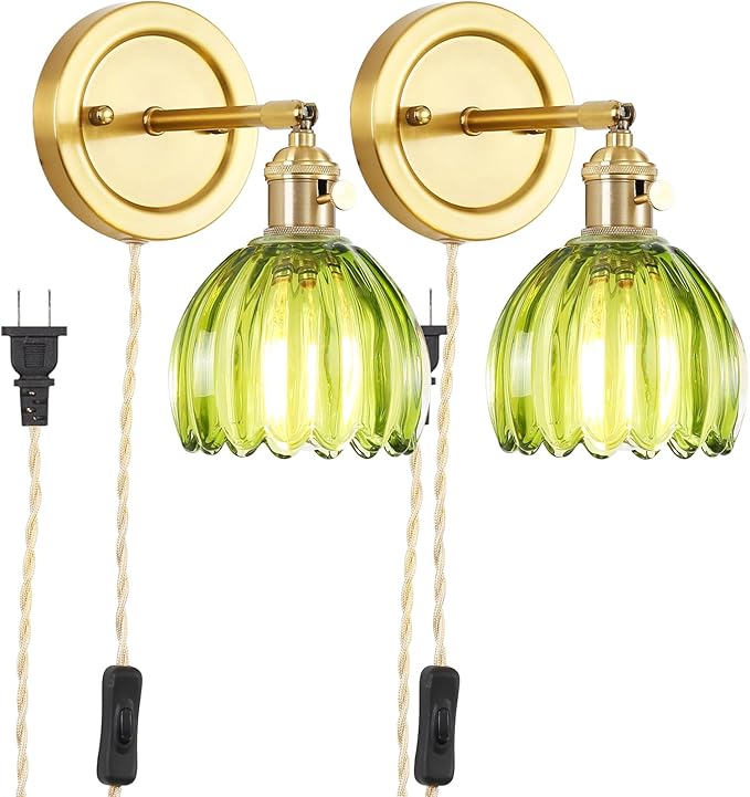 Plug in Vintage Wall Sconces Set of 2, 180 Degree Adjustable Brass Vanity Lights Fixture with Green Tulip Glass Lampshade, Modern Wall Lighting for Bedside Bedroom Bathroom