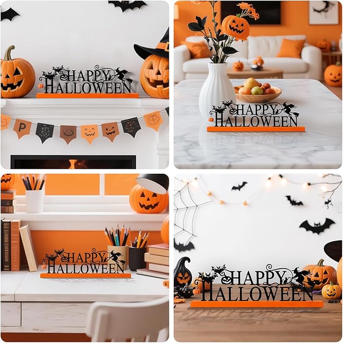 Metal Holiday Table Sign Decor, Decorations Tabletop Centerpiece for Home, Office, Shelf, Tiered Tray, Mantel, Indoor, Merry Christmas, Happy Halloween