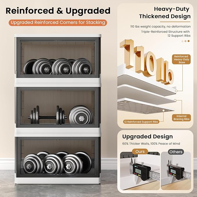 19Gal Collapsible Storage Bins with Lids & Wheels - 2 Pack Stackable with Doors, Heavy-Duty Plastic Containers for Home/Office, White