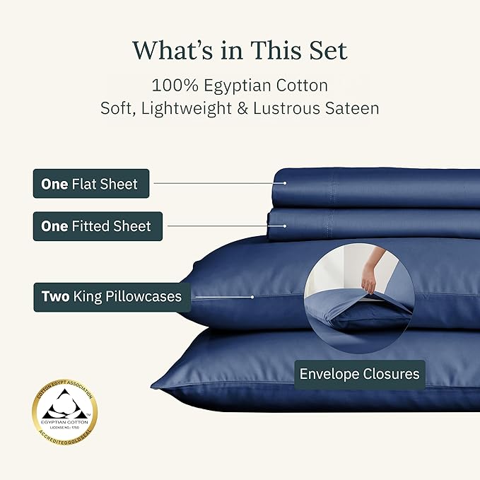 California Design Den King Size Sheets Set Deep Pockets - Certified 100% Egyptian Cotton Sheets King Size, Soft Sateen, Deep Pockets with Anti-Skid Elastic, Cool and Durable Luxury Bedding - Navy Blue