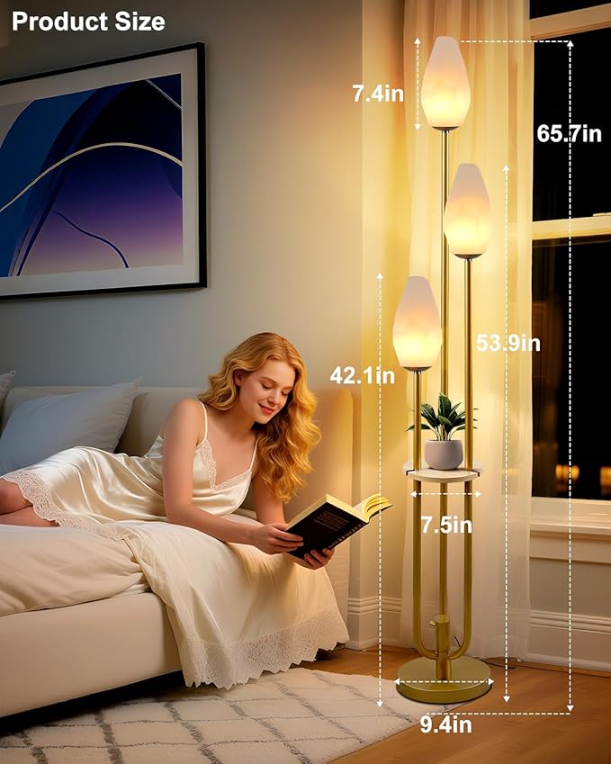 Lightdot Gold Floor Lamp with Tray, 3-Lights Dimmable Floor Lamps with Rock-Shaped Shade, Unique Candle Holder Style Modern Tall Lamp for Living Room/Party(Bulbs Included)