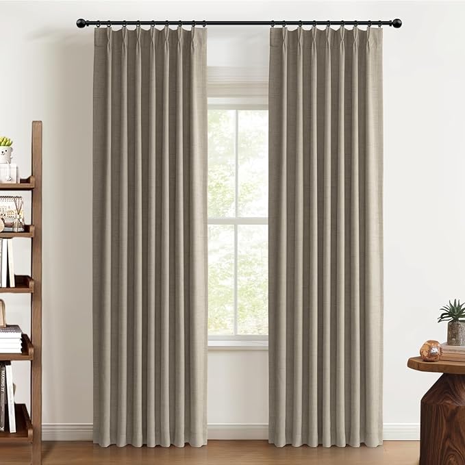 100% Blackout Shield Linen Look Textured Pinch Pleated Curtains Blackout Drapes 108 Inch Long 2 Panels Set, Faux Linen Blackout Curtains for Bedroom & Living Room, 40" W x 108" L, Dark Faux Linen