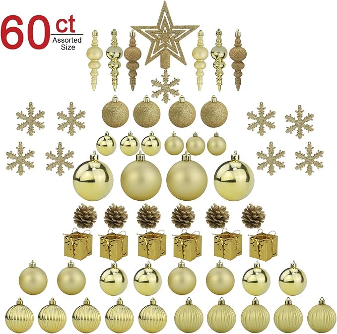 Sunnyglade 60ct Gold Christmas Tree Ball Ornaments Set Shatterproof Christmas Bling-Bling Hanging Decoration with Hand-held Gift Package for Xmas Tree Holiday Wedding Party (Gold)