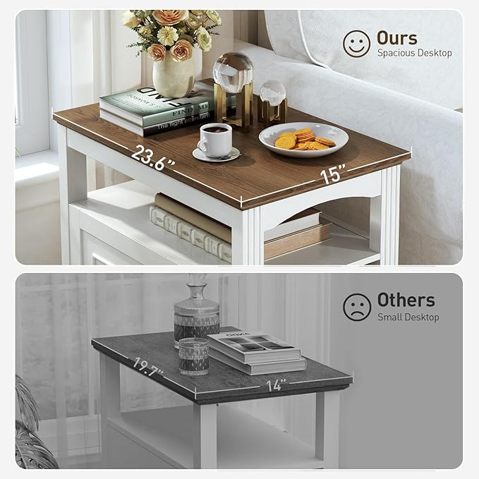 Farmhouse End Table with 2 Drawers, Narrow Sofa Side Table with Storage and Open Shelf, Wooden Nightstand for Small Spaces, Bedroom, Living Room, White and Walnut