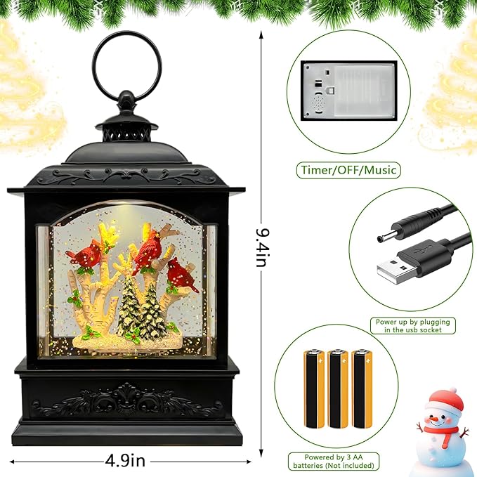 Christmas Snow Globes Lantern with Music & Timer - USB/Battery Operated LED Glittering Globe Lantern, Snow Globe Decoration for Home Holiday Decor (Red Robin)