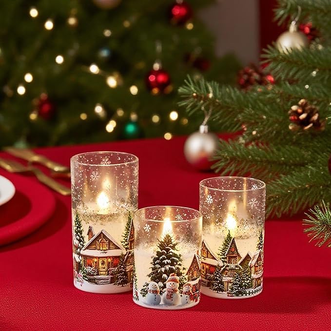 DRomance Snowman House Glass Flameless Candles Battery Operated with Remote and Timer Real Wax LED Flickering Pillar Candles Cold White Light Window Christmas Holiday Decor 3" D x 4", 5", 6" H