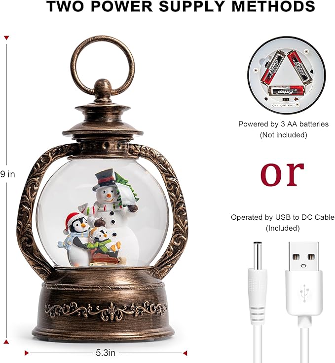 Musical Snow Globe Lantern Lighted Snowman with Penguins Christmas Snow Water Lantern Swirling Glittering Home Decoration and Gift, Battery Operated or USB Powered