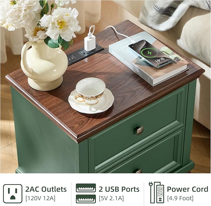Farmhouse Nightstand with Charging Station, Rustic Low Night Stand with 2 Drawers, Mid-century Modern End Table with 4 Square Solid Wood Legs, Small Vintage Dresser for Bedroom, Home, Green