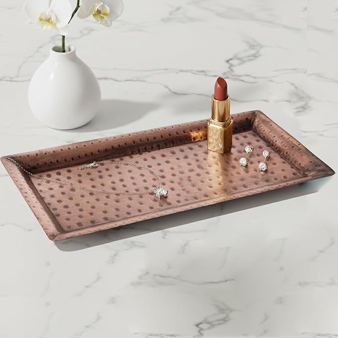 Monarch Abode Hand Hammered Metal Serving Tray, 12-Inch Antique Copper Finish – Rectangle Serving Platter, Small Serving Tray for Party, Fruit Platter, Dessert Trays, Serving Dishes, Pack of 2