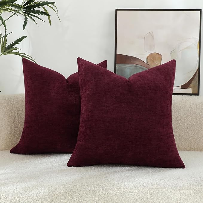 Burgundy Red Chenille Decorative Couch Throw Pillow Covers, Soft Cushion Cases for Home Livingroom Sofa Décor, Pack of 2, 18 x 18 Inches