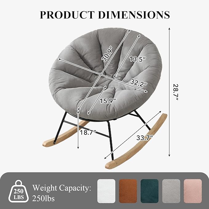 NIOIIKIT Nursery Saucer Rocking Chair, Corduroy Upholstered Round Glider Chair, Nursing Chair with Comfy Cushion, Tufted Papasan Chair, Cozy Reading Chair for Living Room, Bedroom (Grey)