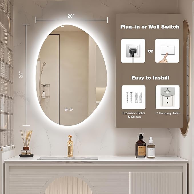 Niccy Irregular LED Bathroom Mirror, 20"x28" Asymmetrical Backlit Vanity Wall Mirrors, Frameless Lighted Mirrors for Bedroom, Living Room, Modern Smart-Mirror with Anti-Fog, Dimmable, Memory Function