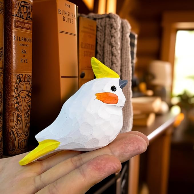 Wooden Bird Figurines Funny Desk Accessories Hand Carved Wood Decorative Small Birds Animal Miniature Statues Ornament for Home Room Decor (Yellow White)