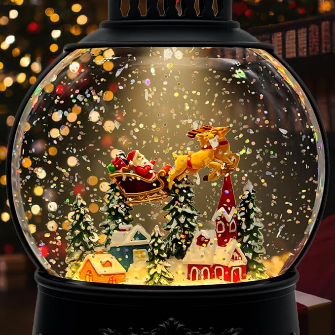 Christmas Snow Globe Lantern with Music & Timer - USB/Battery Operated LED Glittering Globe, Snow Globe Decor for Home Holiday (Reindeer)