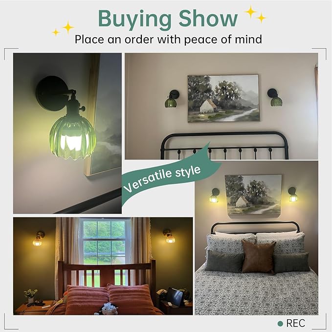 Vintage Battery Operated Wall Sconce with Cute Green Tulip Glass Lampshade Wireless Rechargeable Battery Powered Black Wall Light with Remote Control for Bedside Bedroom Doorway