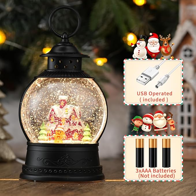Christmas Snow Globes Lantern, Colorful Gingerbread House Christmas Decor Indoor, Glitter Musical Snowglobe with Timer, USB or Battery Operated Gingerbread Man Decorations Gifts