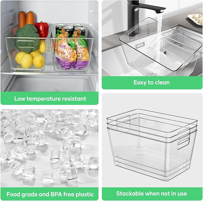 8 Pack Clear Plastic Storage Bins, 11" Large Pantry Organizer Bins with Handles, Plastic Containers for Refrigerator,BPA-Free Perfect for Kitchen,Fridge,Cabinet,Pantry,Bathroom,Closet Organization