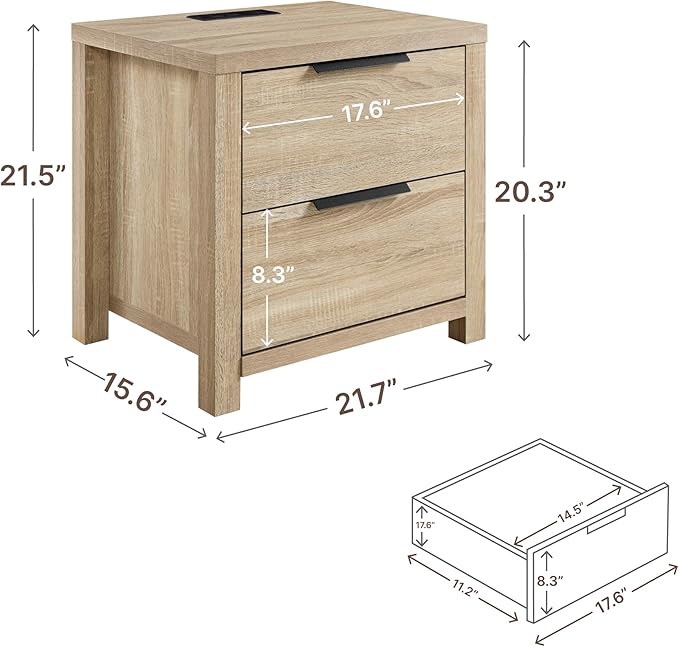 21" Farmhouse Nightstand with Charging Station 2 Drawers Large End Table with Metal Handle Rustic Low Night Stand Wood Dresser for Living Room Bedroom Closet,Natural Oak