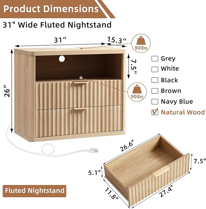 LEYAOYAO 31" Wide Fluted Nightstand Set of 2 with Charging Station, Oversized Extra Large 2 Drawers Night Stand,Natural Wood Bedside Table,Tall End Tables,Modern Chest of Drawers Dressers for Bedroom