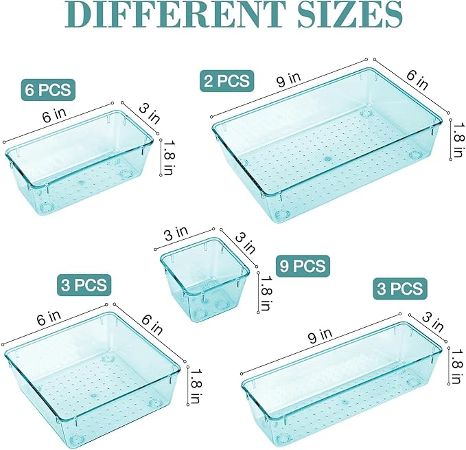 23 PCS Drawer Organizer Set, 5 Varied Size Bathroom and kitchen Drawer cabinet organizer Trays, Clear Storage Bins for Makeup, Jewelry, Utensils and Gadgets