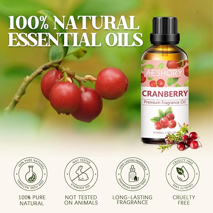Cranberry Fragrance Oil 3.38FL.OZ - Aromatherapy Essential Oils for Diffusers for Home, Cranberry Scented Oils for Massage, Soap Candle Making Scents - 100ML