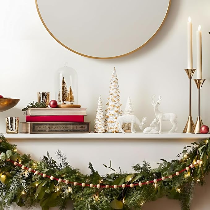 DN DECONATION Reindeer and Christmas Tree Decoration Set of 5 – Xmas Deer Figurines and Tree Statues – White & Gold Resin Christmas Figurines for Table Decor, Mantle Decor, Holiday Decorations Indoor