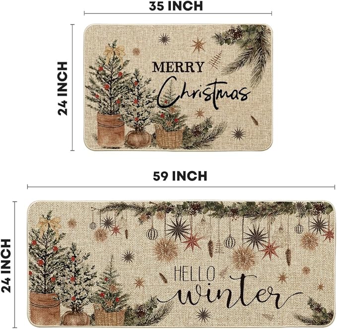 Artoid Mode Holly Ornament Merry Christmas Kitchen Mats Set of 2, Winter Home Decor Low-Profile Kitchen Rugs for Floor - 24x35 and 24x59 Inch