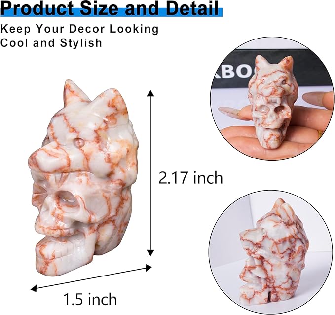 2.17 Inch Crystal Skull with Wolf Head Figurine Decor, Red Network Jasper Skull with Wolf Head Statue Decor for Home Office Desk, Hand Carved Healing Crystal Animal Statues Gifts for Women Men
