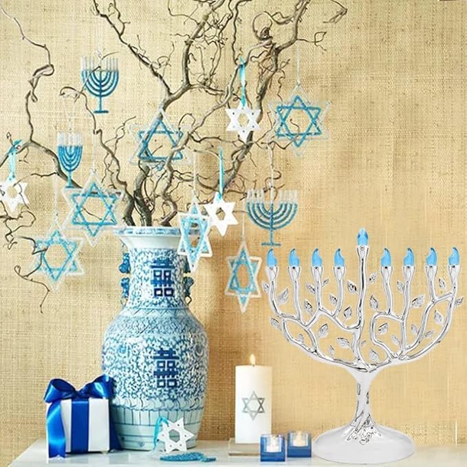 The Dreidel Company LED Electric Silver Hanukkah Tree of Life Menorah - Battery or USB Powered - Includes a Micro USB 4' Charging Cable (3-Pack)