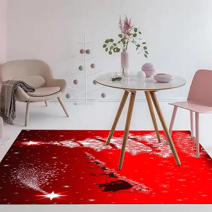 kxry Area Rugs 6X9 Feet, Merry Christmas Soft Machine Washable Area Rugs Santa Claus Deer Xmas Tree Galaxy Red Non Slip Foldable Floor Carpet for Living Room Bedroom Dining Room Dorms