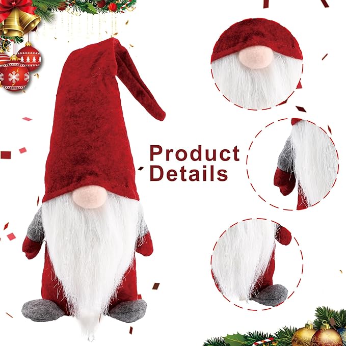 16" Handmade Christmas Gnome Doll – Scandinavian Tomte Yule Santa Nisse, Nordic Plush Elf Figurine, Good Luck Holiday Decoration for Home, Christmas Tree, Halloween & Thanksgiving (Red)