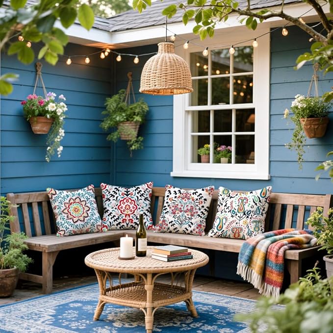Cirzone Outdoor Pillow Covers 18x18 Set of 4 Morden Geometric Flower Patterns Waterproof Throw Outdoor Pillows Boho Decorations for Funiture Patio Garden Home