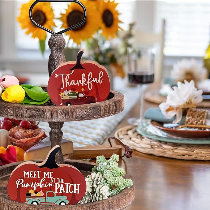 Cute Pumpkin Autumn Decorations Indoor, 4 Pcs Wooden Tiered Tray Decor Table Sign Thanksgiving Fall Decor Pumpkin Signs for Party Home Shelf Display