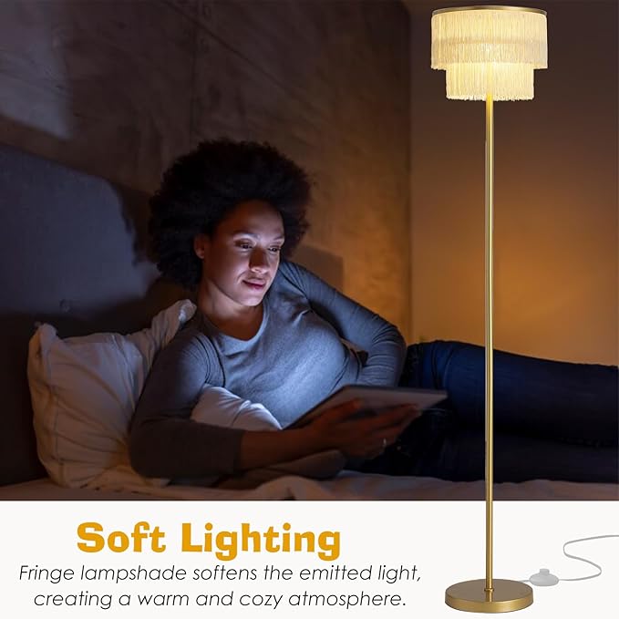 2 Light Gold Boho Floor Lamp with 2-Tier Tassels/Fringe Lampshade,66" Tall Mid Century Standing Bedroom Lamp,Soft Lighting Nursery Floor Lamp for Bedroom Livingroom