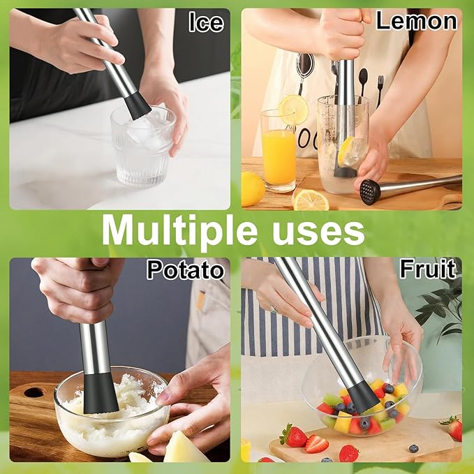 2Pcs 10'' Muddler and Spoon Set for Cocktails 304 Stainless Steel Fruit Smasher Home Bar Bartender Accessories Stirrers Mixing Tools for Mojitos Drinks Lemonade Stand Supplies