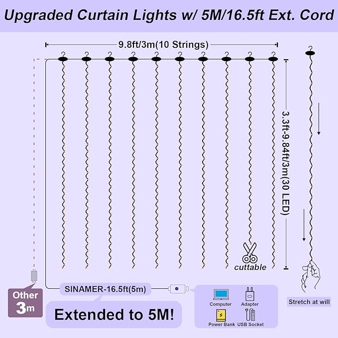Upgrade 300 LED Curtain Light, 9.8ft x 9.8ft Copper Wire String Lights, USB Powered Hanging Window Fairy Lights, 8 Lighting Modes, Remote Control for Home Christmas Wedding Party, White