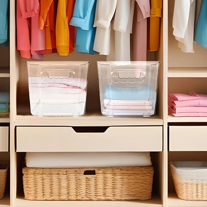 4 Pack Plastic Storage Bins, Clear Refrigerator Drawer Organizer Containers with Handles, Stackable Pantry Organization Boxes for Home Kitchen Fridge Freezer Cabinet Bathroom